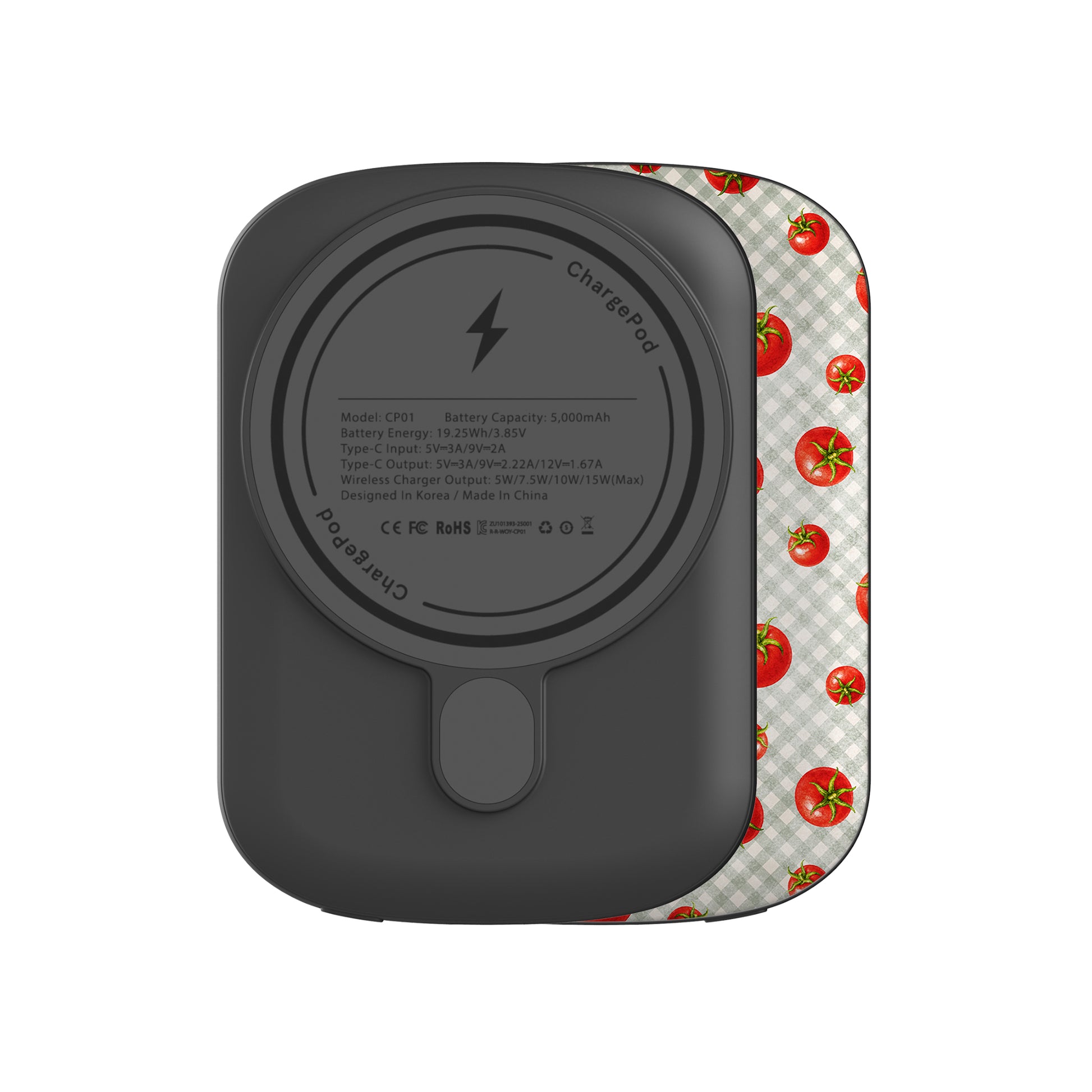 Tomato Tumble 5000mAh Magnetic Power Bank with scattered hand-painted red tomatoes on soft sage gingham
