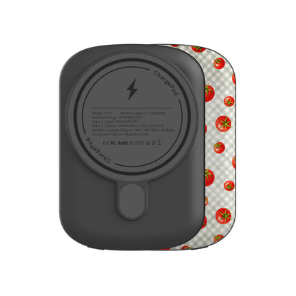 Tomato Tumble 5000mAh Magnetic Power Bank with scattered hand-painted red tomatoes on soft sage gingham
