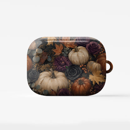 Autumn Garden AirPods case with cream pumpkins, burgundy flowers and trailing foliage on a dark botanical background.