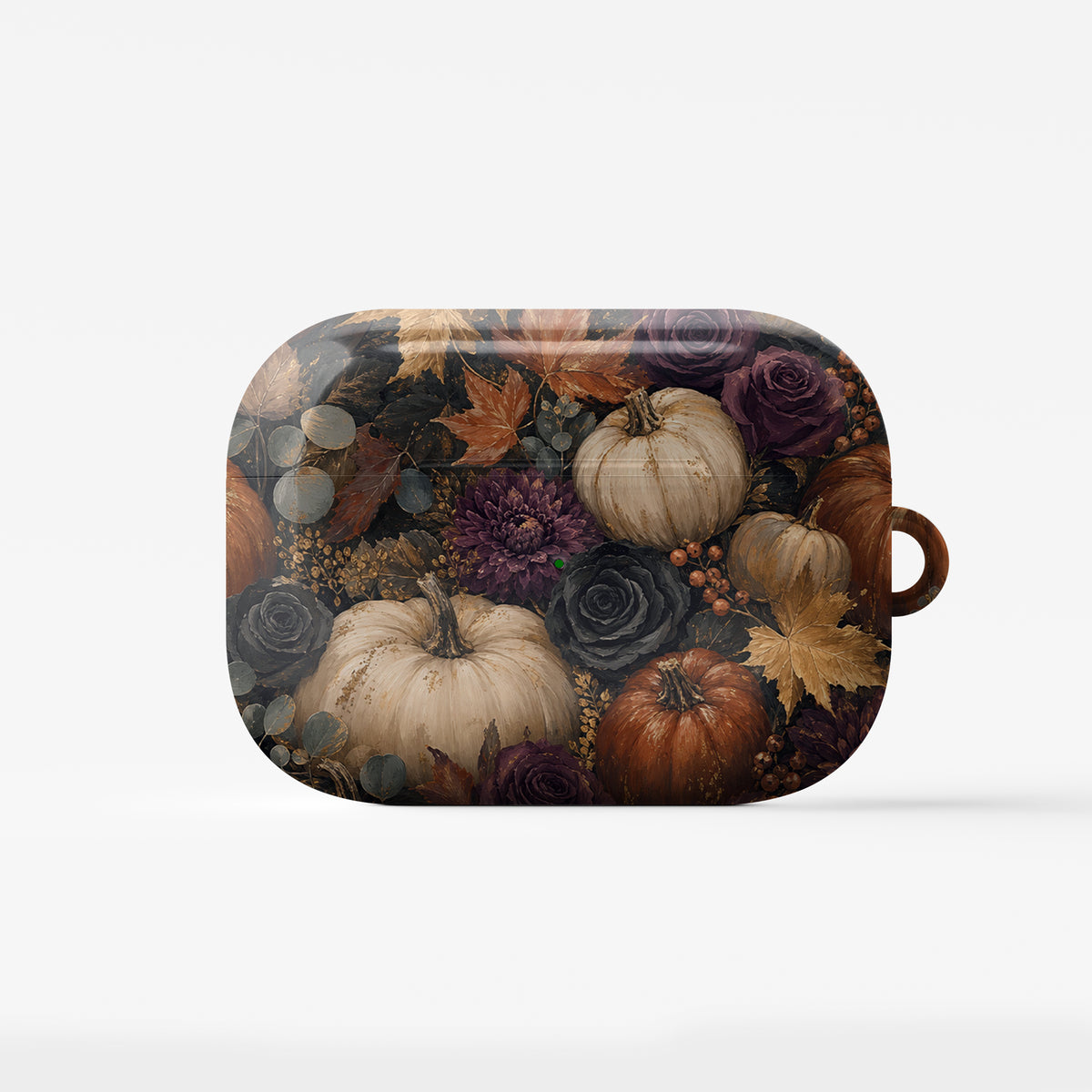 Woodland Forage AirPods case with mushrooms, ferns, pinecones and botanical foliage on a dark woodland background.