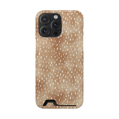 Fawn Fleck Card-Holder phone case in warm beige with irregular tan speckles and organic abstract marks.