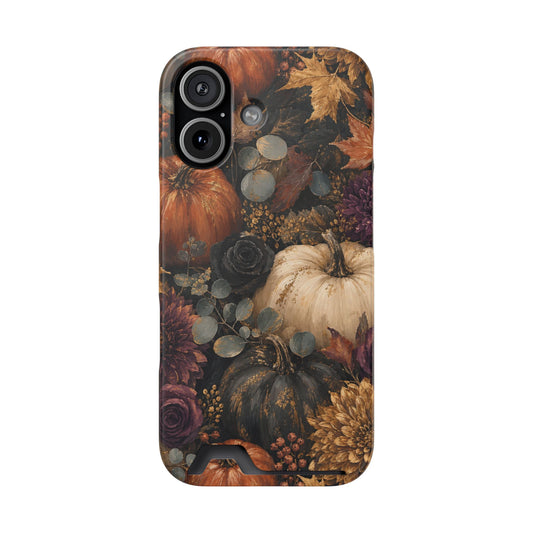 Autumn Garden Card-Holder phone case with cream pumpkins, burgundy flowers and trailing foliage on a dark botanical background.