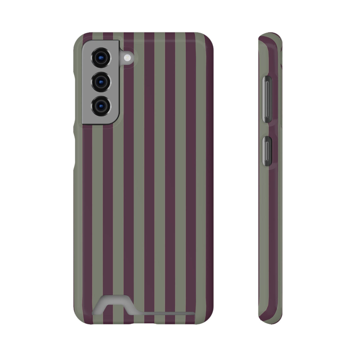Mulberry Ticking Card-Holder phone case with fine sage green and berry-plum vertical ticking stripes.