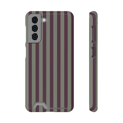 Mulberry Ticking Card-Holder phone case with fine sage green and berry-plum vertical ticking stripes.