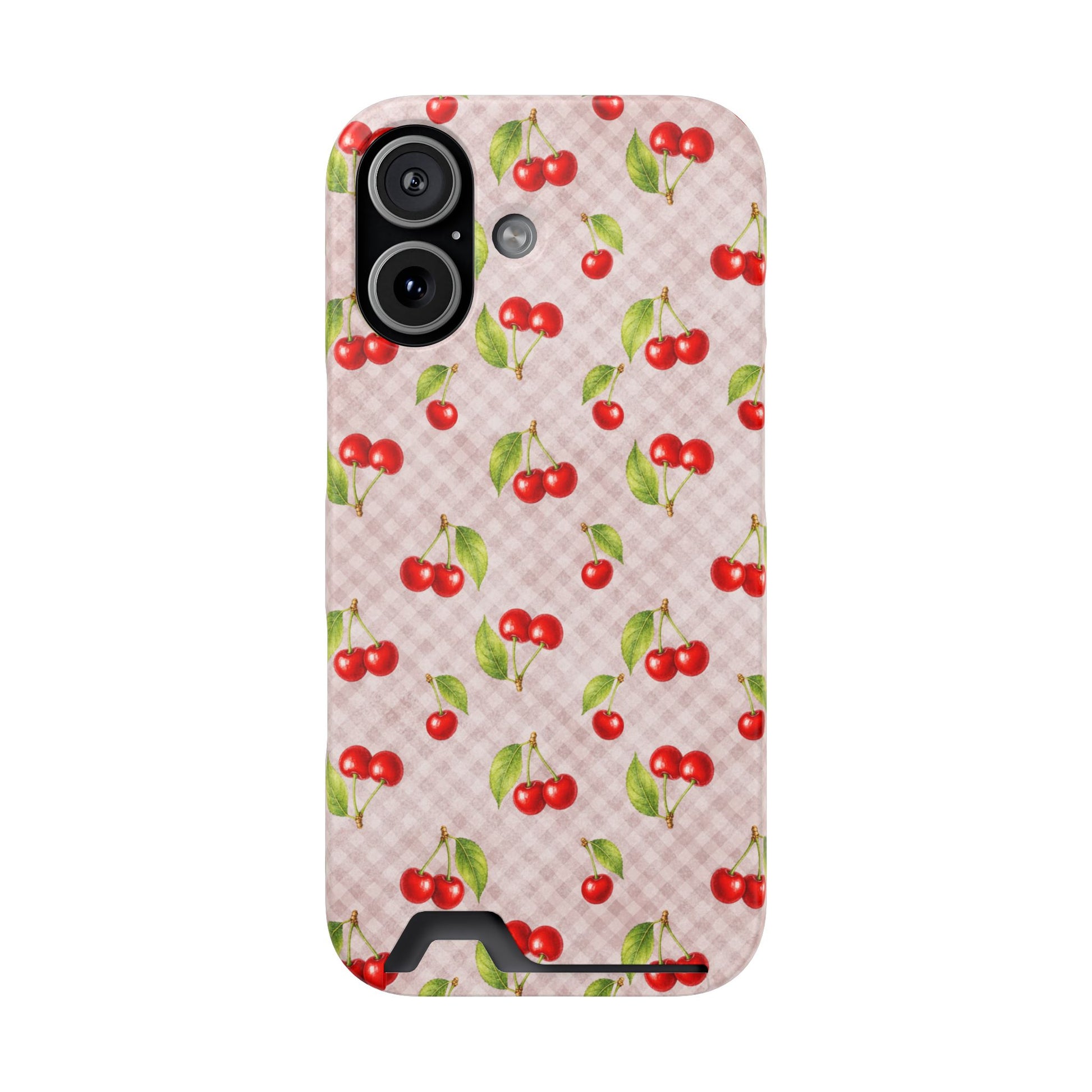 card phone case, card slot case, one card case, slim phone case, pink gingham case, cherry phone case, cherry gingham, cherry print case, pink cherry case, cute cherry case, fruit phone case, cherry jubilee, pink phone case
