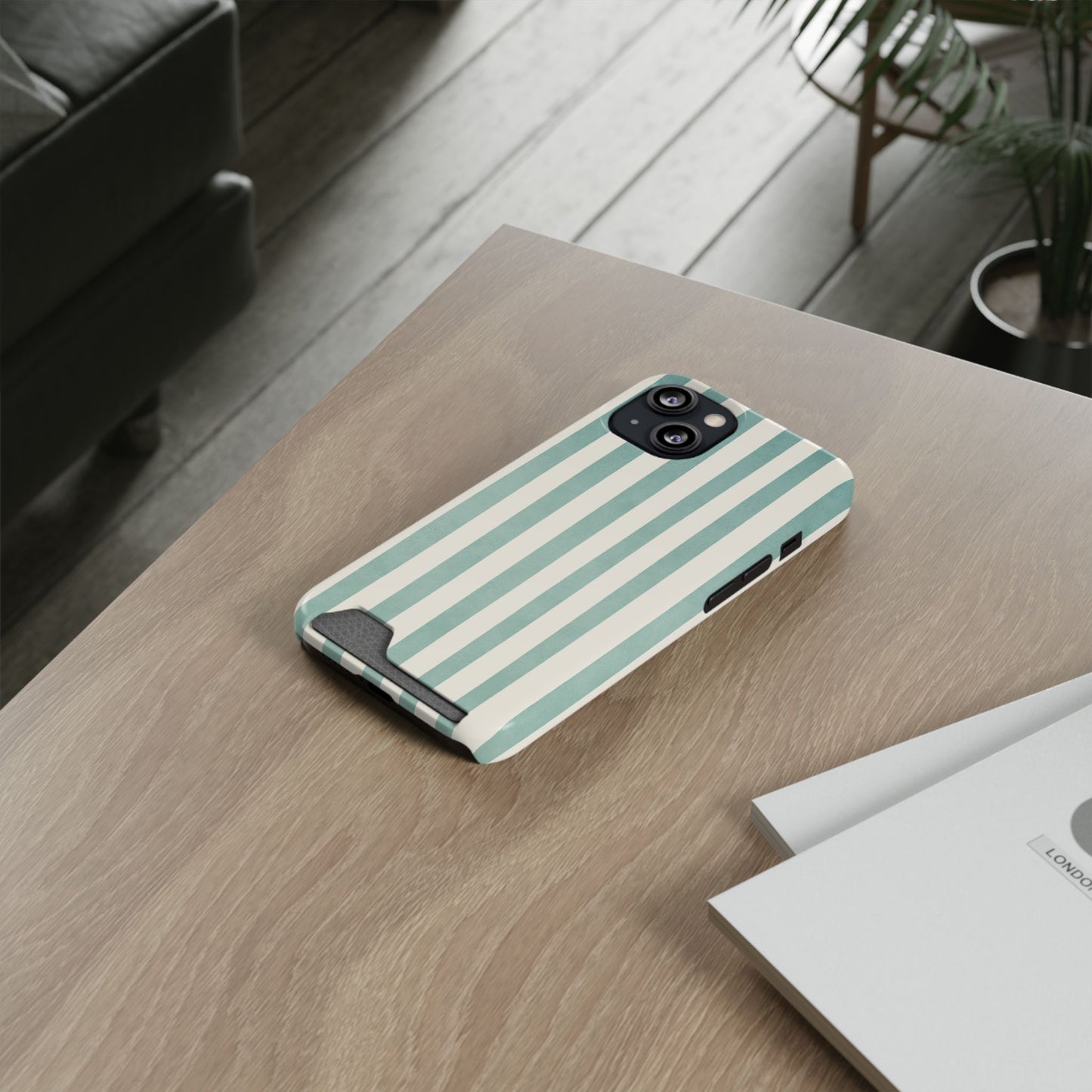 Striped Card Holder Phone Case — Mint & Cream Vertical Stripe Wallet Case