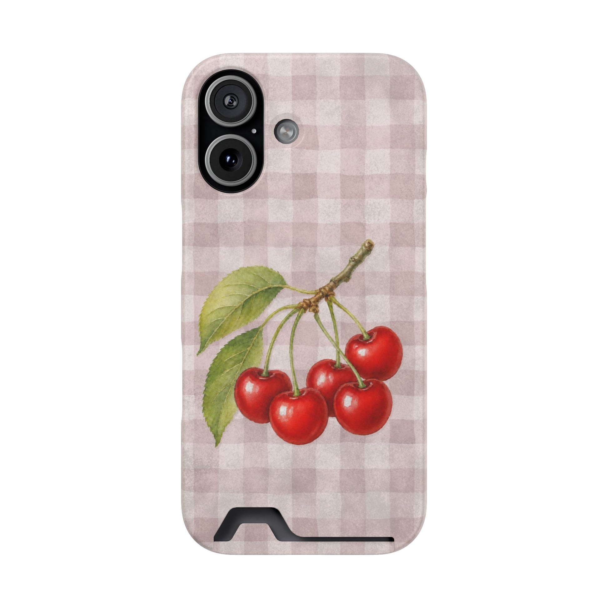 Ruby Bough Card Phone Case with watercolour fruiting cherry branch on dusty pink gingham
