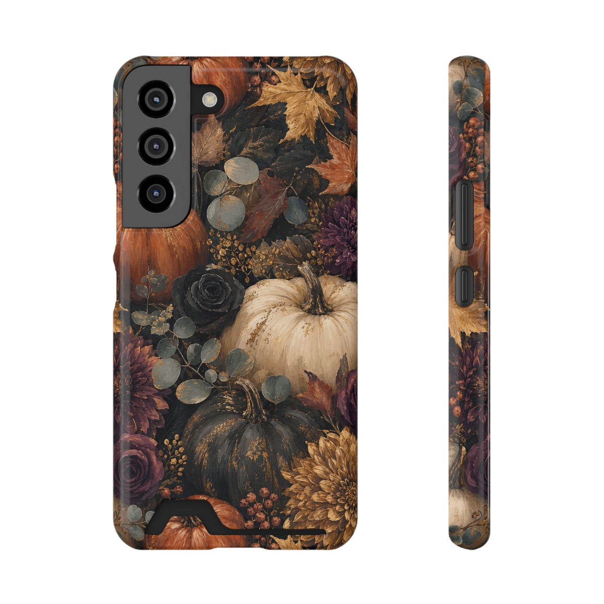 Autumn Garden Card-Holder phone case with cream pumpkins, burgundy flowers and trailing foliage on a dark botanical background.