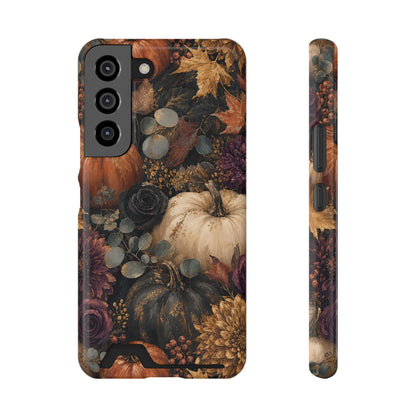 Autumn Garden Card-Holder phone case with cream pumpkins, burgundy flowers and trailing foliage on a dark botanical background.