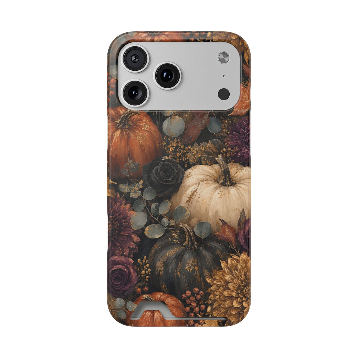 Autumn Garden Card-Holder phone case with cream pumpkins, burgundy flowers and trailing foliage on a dark botanical background.