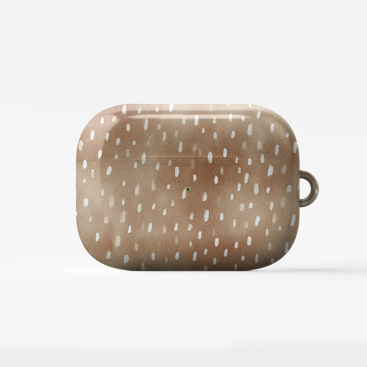 Fawn Fleck AirPods case in warm beige with irregular tan speckles and organic abstract marks.