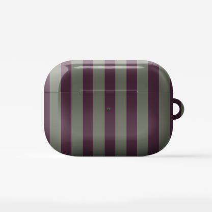 Mulberry Ticking AirPods case with fine sage green and berry-plum vertical ticking stripes.
