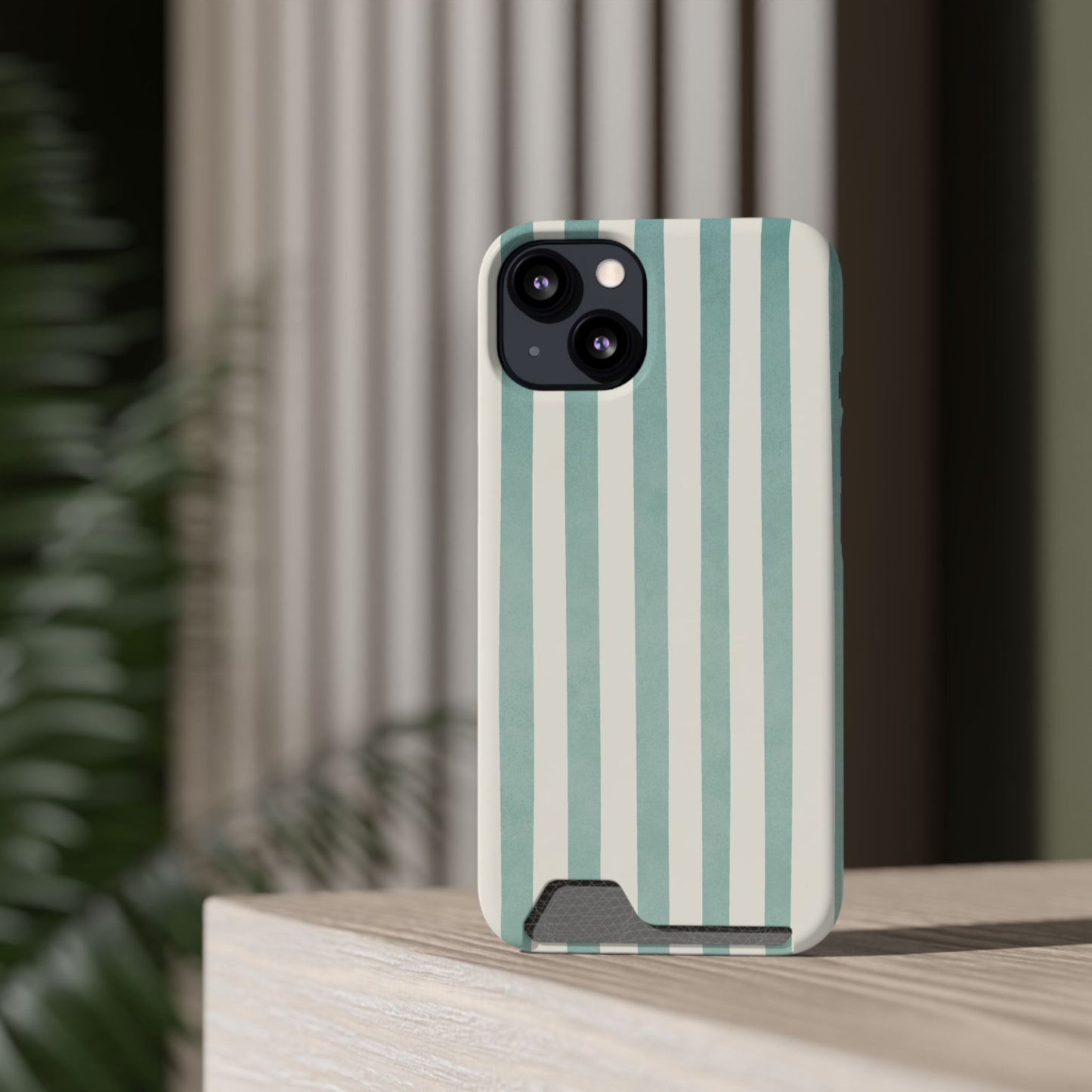 Striped Card Holder Phone Case — Mint & Cream Vertical Stripe Wallet Case