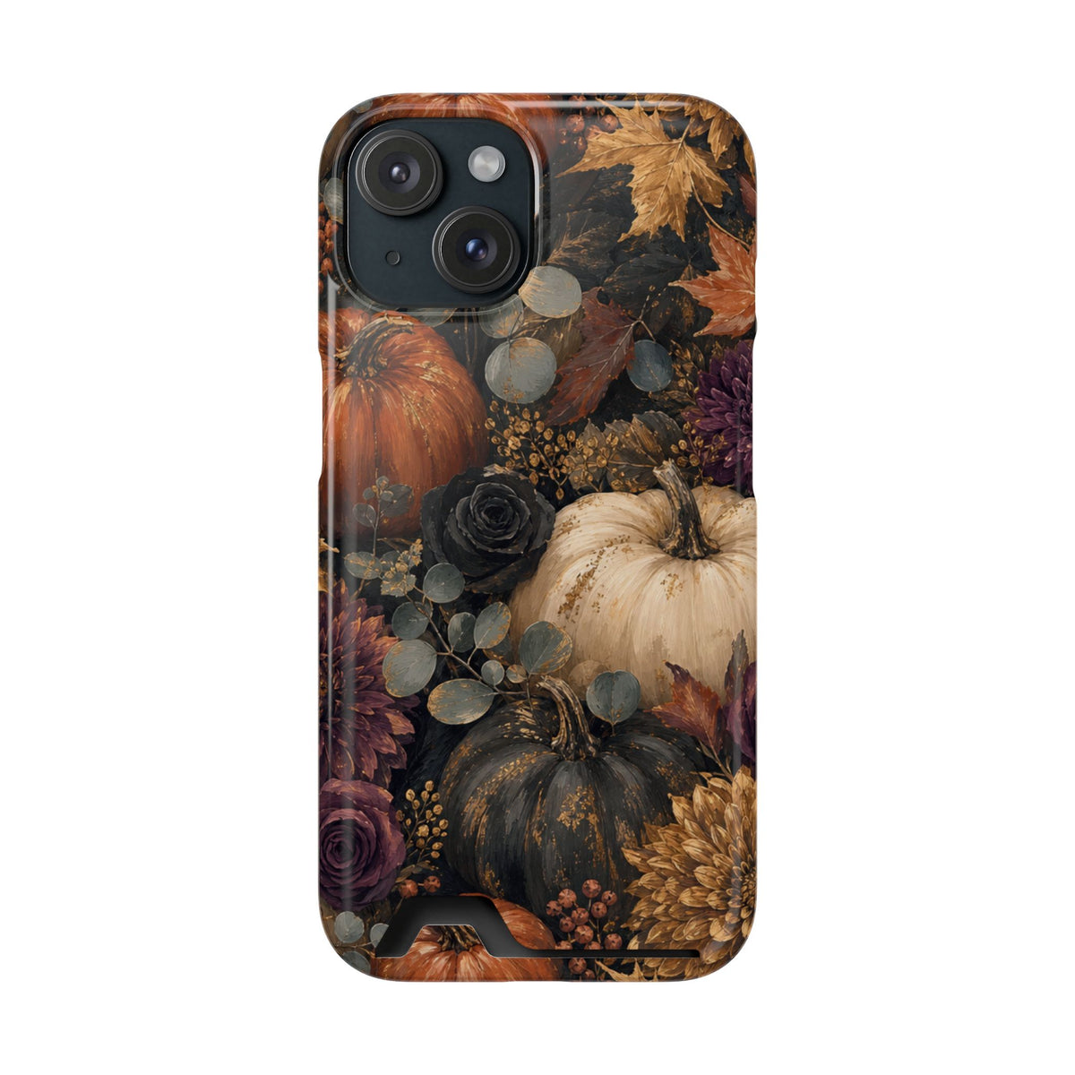Autumn Garden Card-Holder phone case with cream pumpkins, burgundy flowers and trailing foliage on a dark botanical background.
