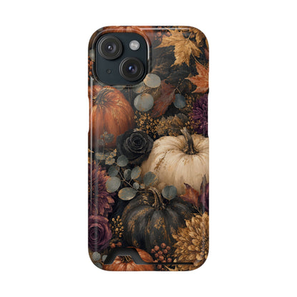 Autumn Garden Card-Holder phone case with cream pumpkins, burgundy flowers and trailing foliage on a dark botanical background.