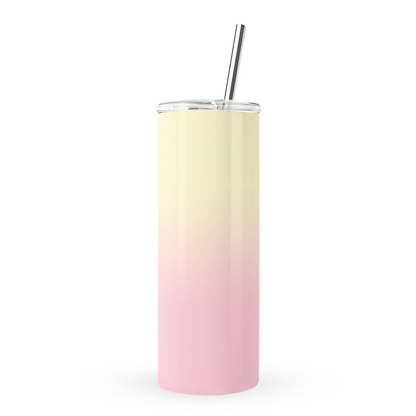 Pink and yellow ombre tumbler with soft sunset gradient print on a 20oz stainless steel travel cup by Case & Charm.
