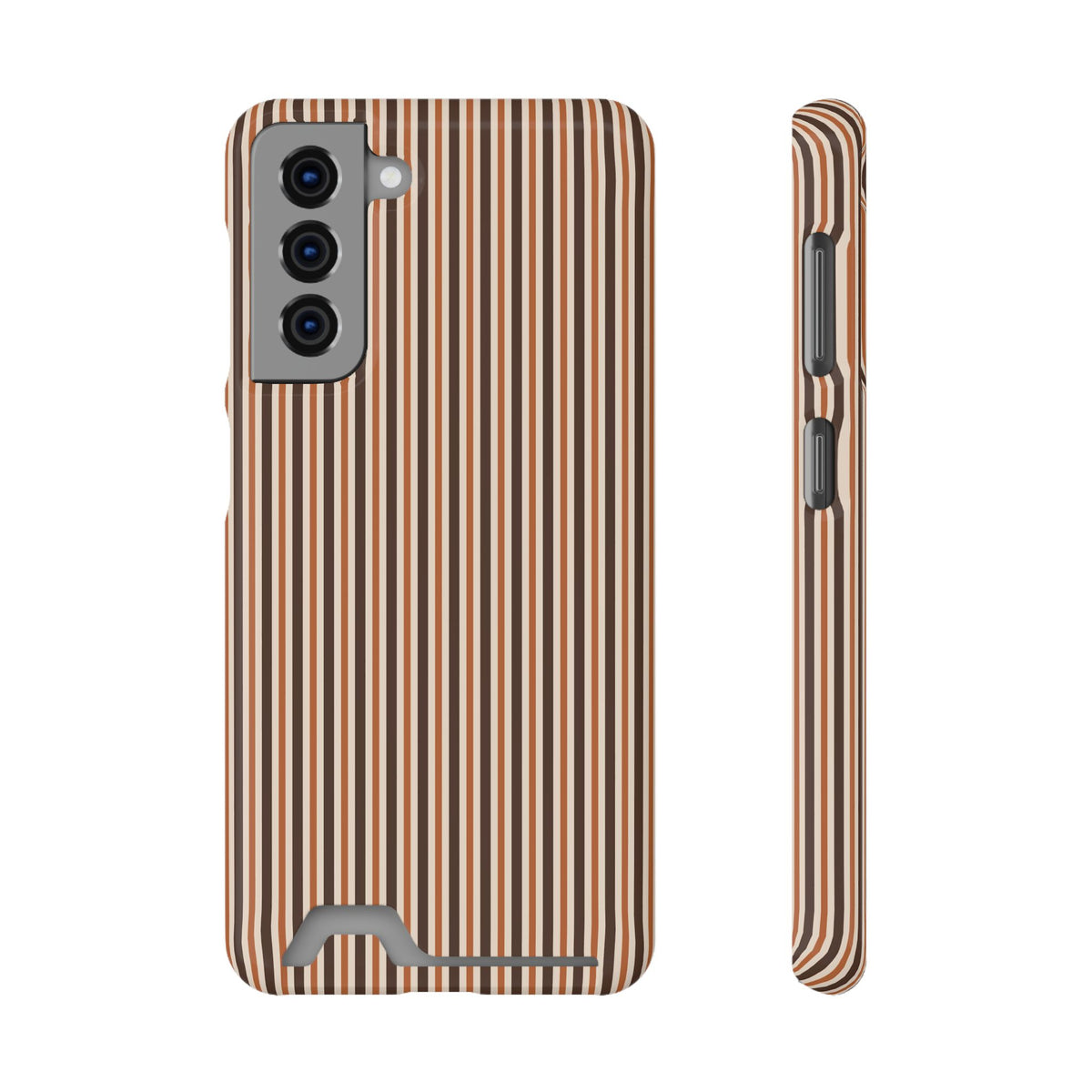 Chestnut Ticking Card-Holder phone case with fine chestnut brown and cream vertical ticking stripes.