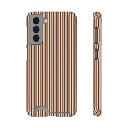 Chestnut Ticking Card-Holder phone case with fine chestnut brown and cream vertical ticking stripes.