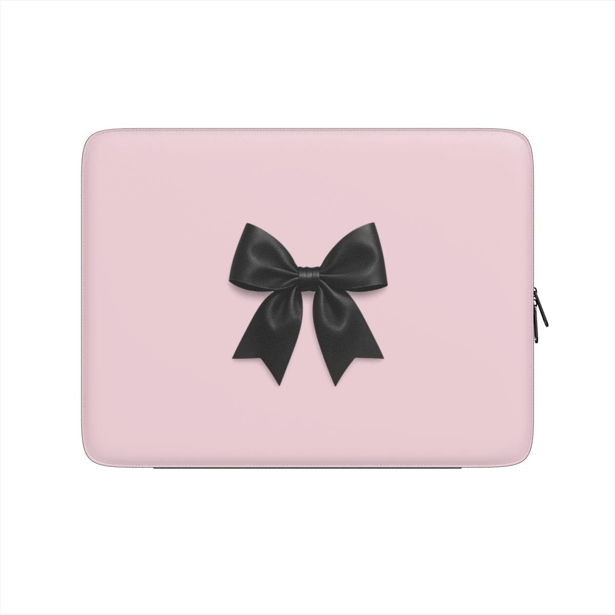 pink laptop sleeve with black satin bow design and padded protective finish