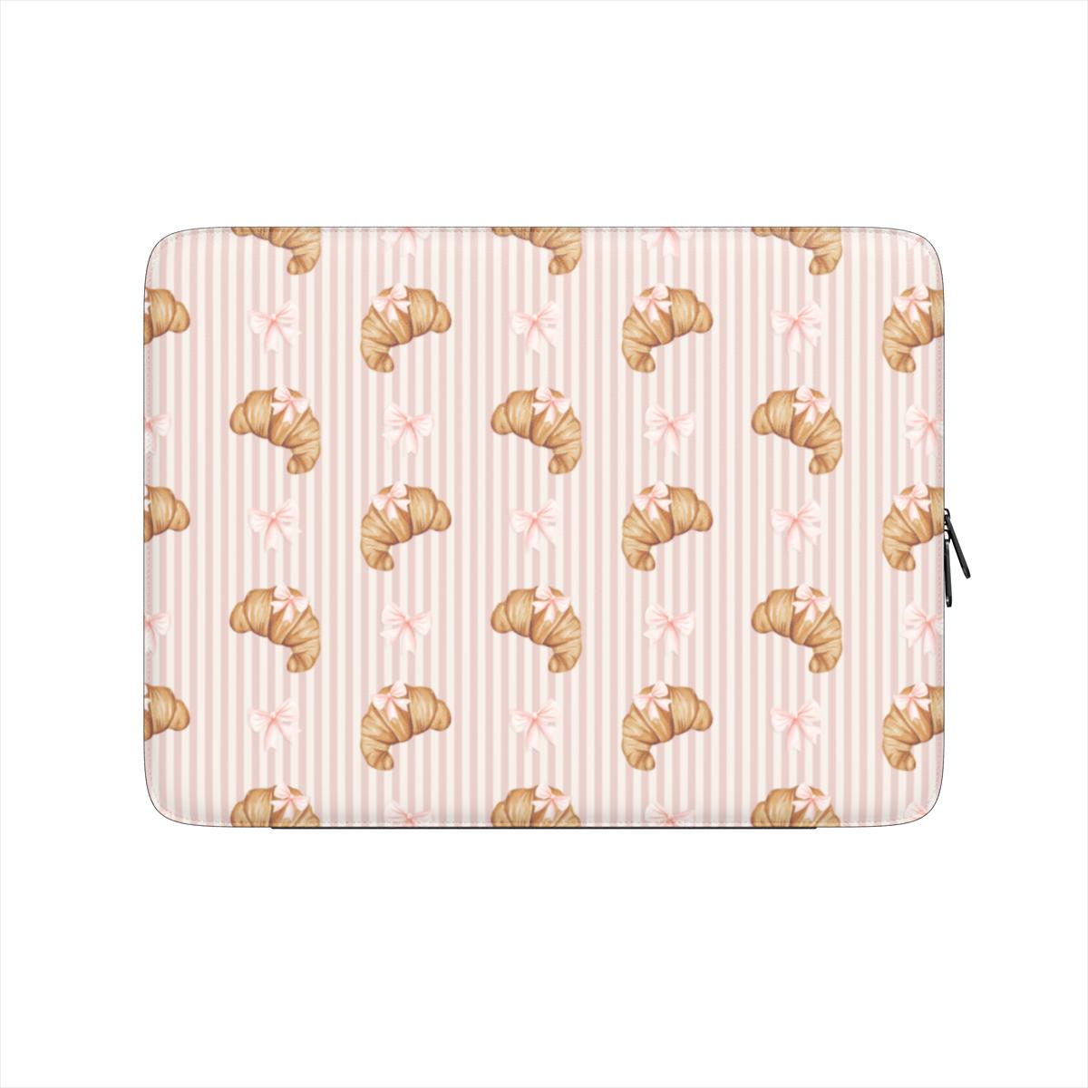 croissant laptop sleeve pink striped vegan leather laptop case bow aesthetic laptop sleeve cute pastry laptop bag girly laptop cover