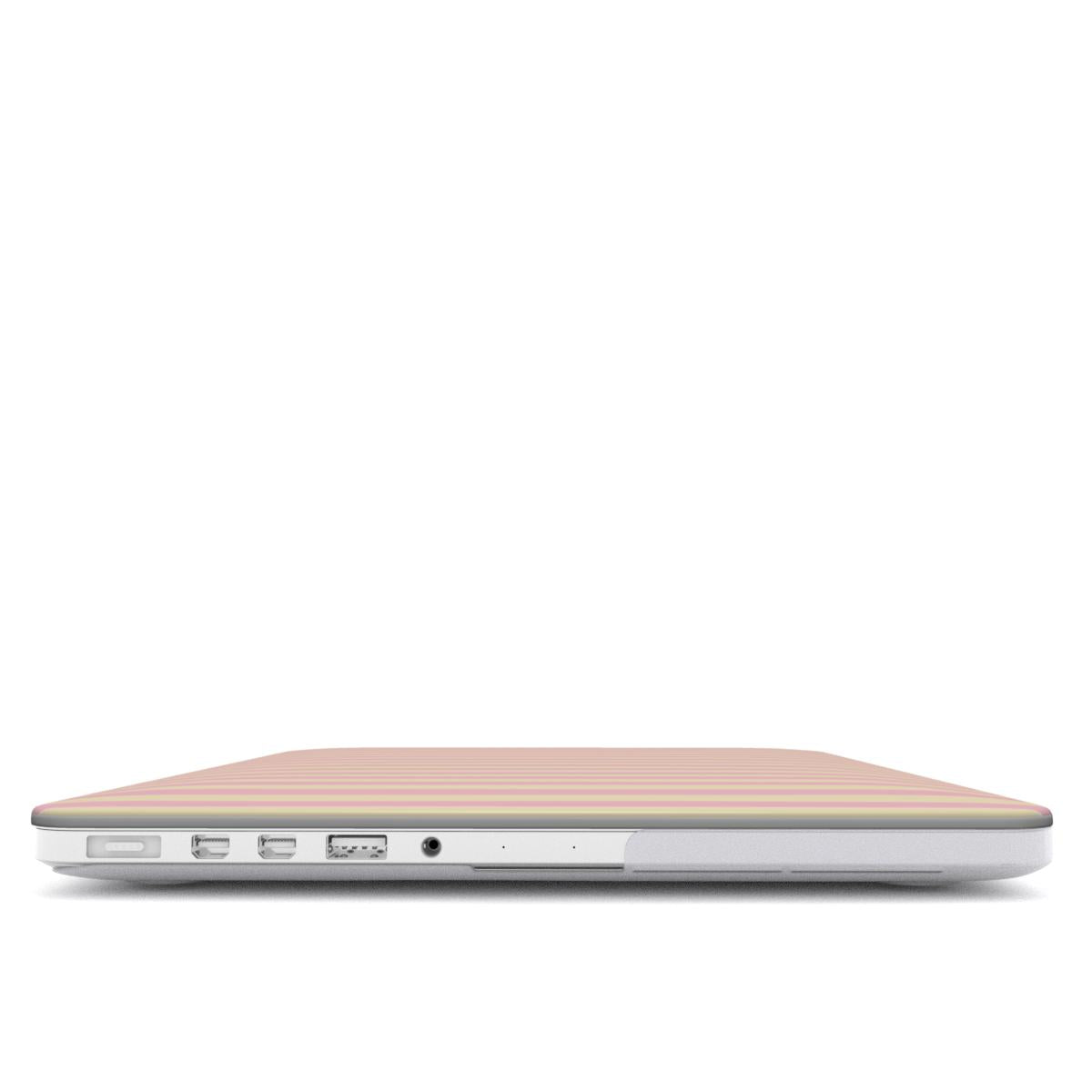 Pink and yellow striped MacBook case with vertical pastel candy stripe print on a slim hard shell Apple MacBook cover by Case & Charm.