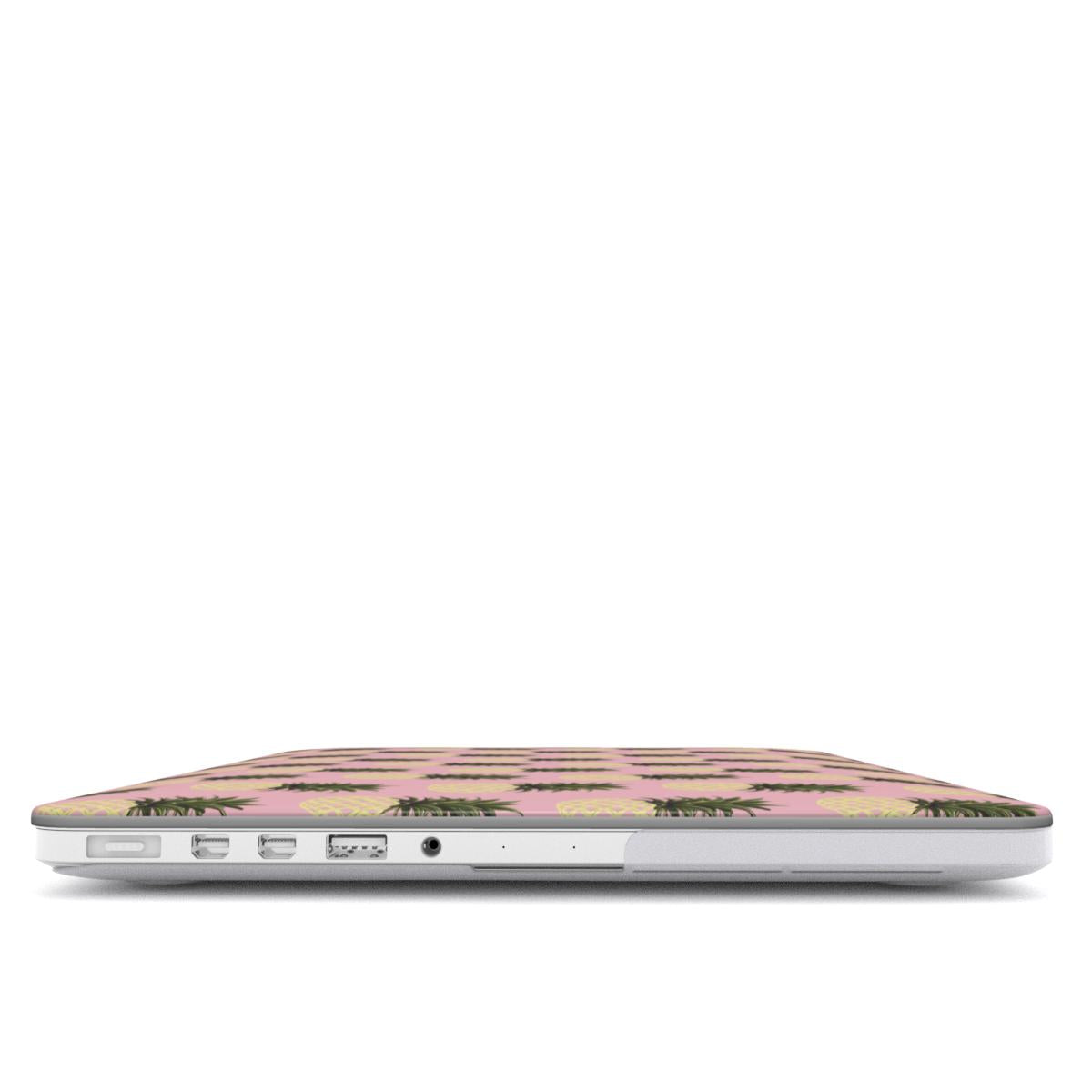 Pink pineapple MacBook case with yellow pineapple fruit print on a slim hard shell Apple MacBook cover by Case & Charm.