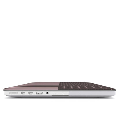 Strawberry Wafer MacBook Case featuring fine strawberry-pink polka dots above bold vertical strawberry-pink stripes on a cocoa-brown background.
