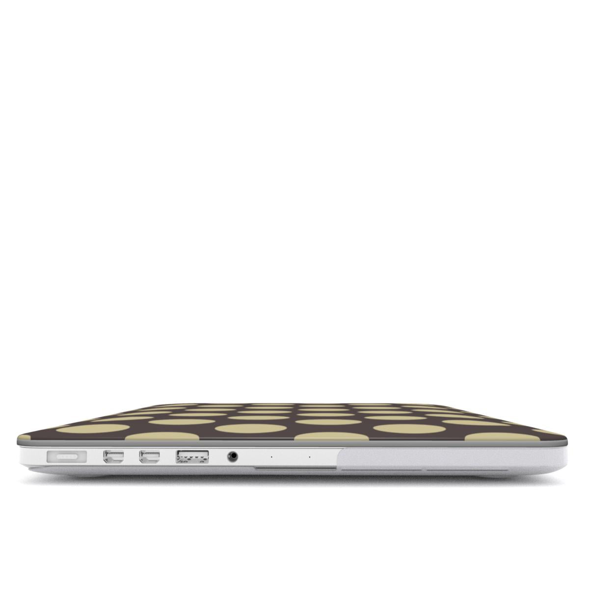 Vanilla Truffle MacBook Case featuring oversized creamy vanilla polka dots on a rich cocoa-brown background.