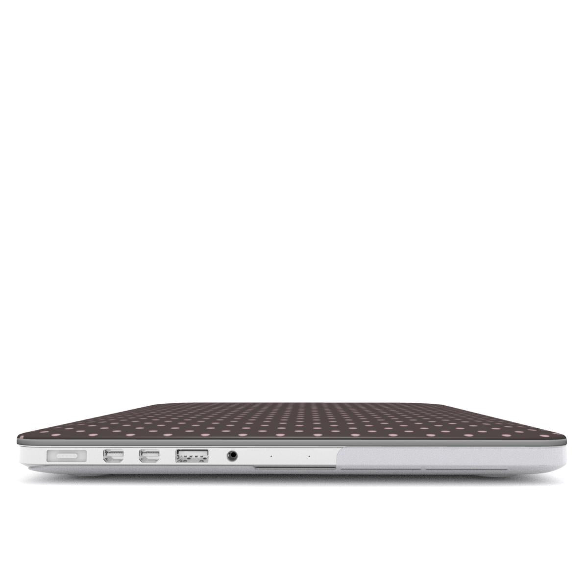 Strawberry Drops MacBook Case featuring small strawberry-pink polka dots on a rich cocoa-brown background.