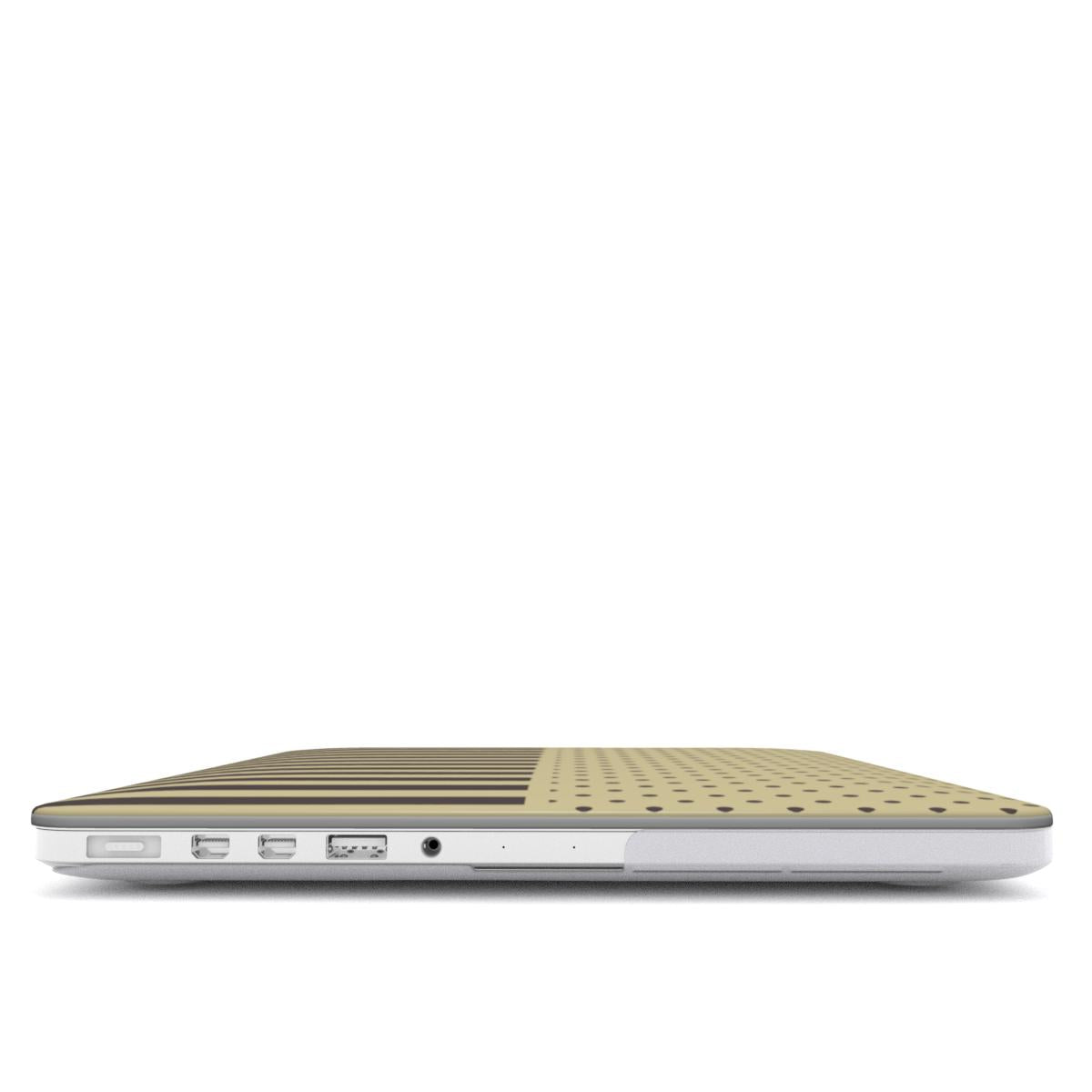 Cocoa Wafer MacBook Case featuring small cocoa-brown polka dots above bold vertical cocoa-brown stripes on a creamy vanilla background.