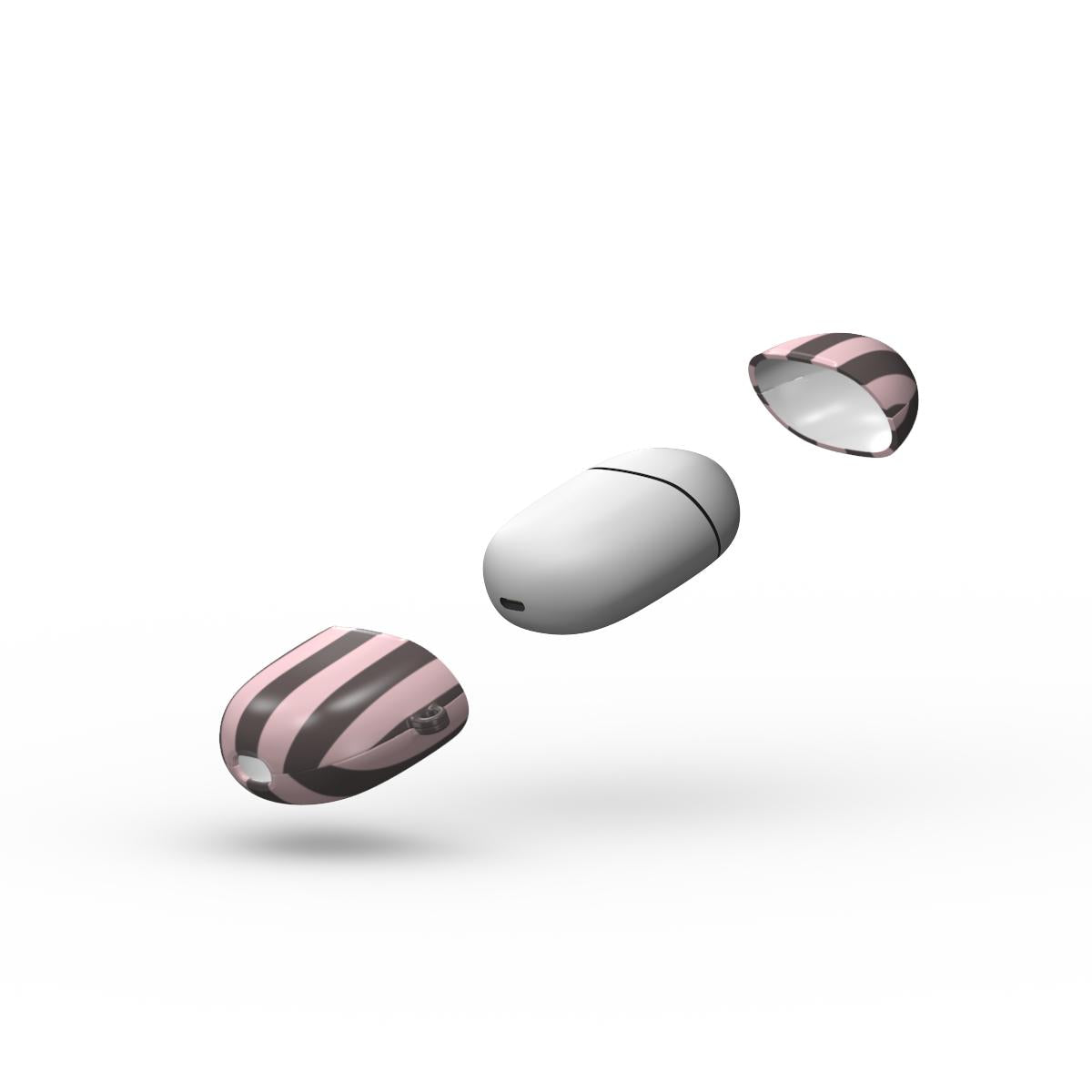 Strawberry Wafer Pixel Buds Case featuring fine strawberry-pink polka dots above bold vertical strawberry-pink stripes on a cocoa-brown background.