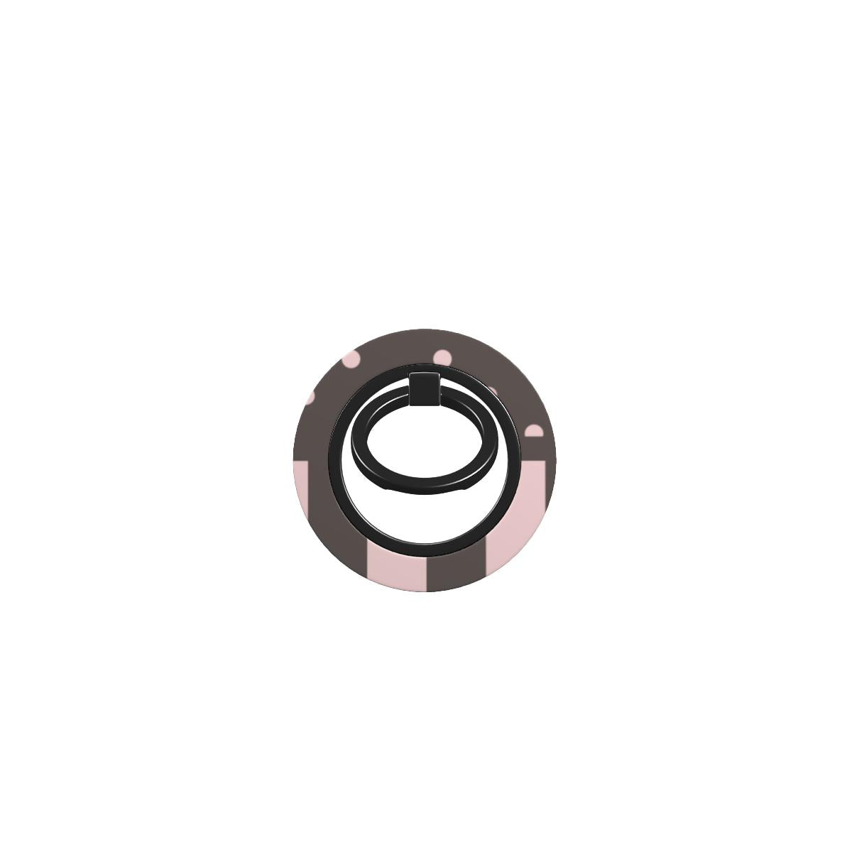 Strawberry Wafer MagSafe Ring Holder featuring fine strawberry-pink polka dots above bold vertical strawberry-pink stripes on a cocoa-brown background.