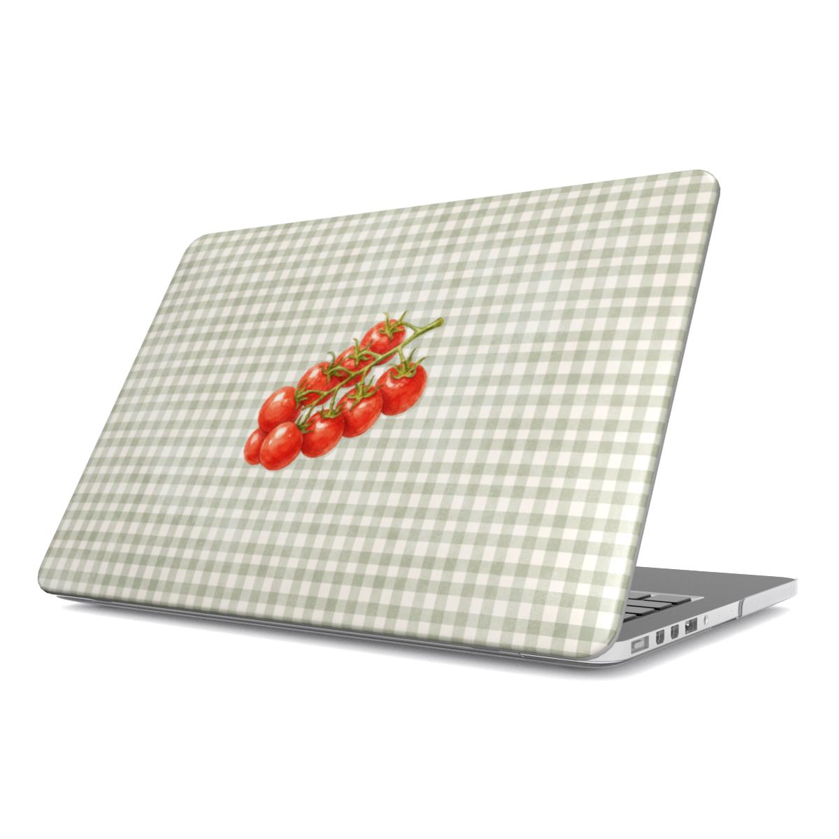 Garden Bounty MacBook Case with watercolour red tomato vine on soft sage gingham
