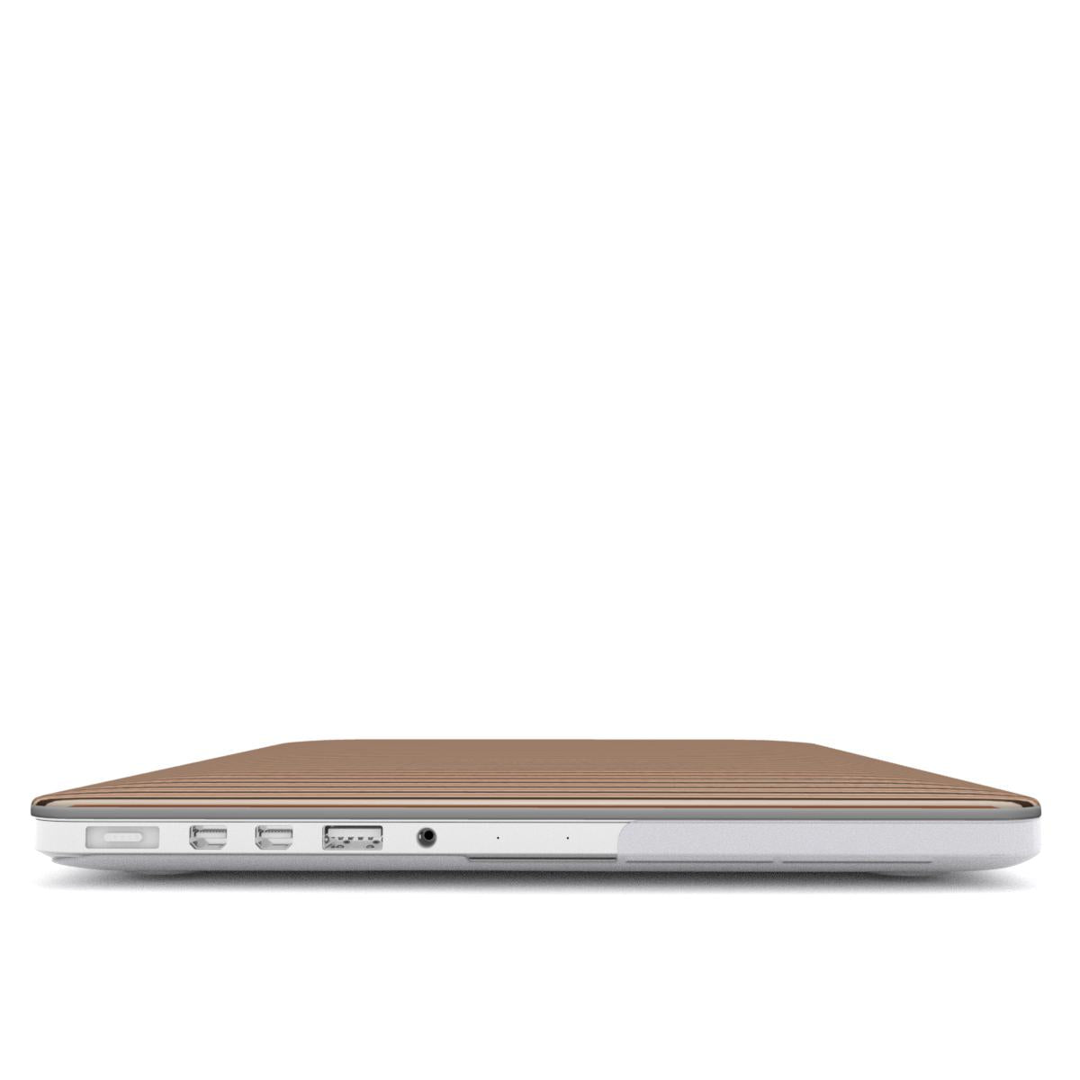 Chestnut Ticking MacBook shell with fine chestnut-brown and cream stripes in a warm heritage-inspired pattern.