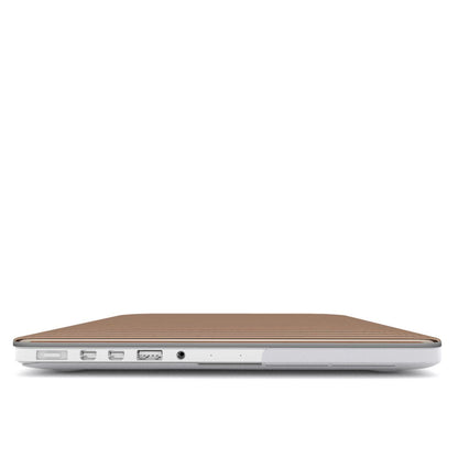 Chestnut Ticking MacBook shell with fine chestnut-brown and cream stripes in a warm heritage-inspired pattern.