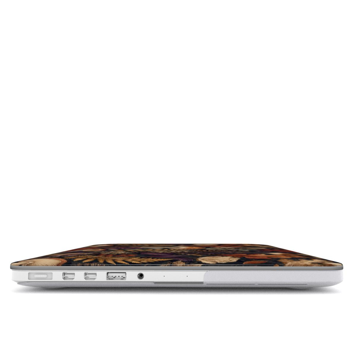 Woodland Forage MacBook shell with mushrooms, ferns, pinecones and botanical foliage on a dark woodland background.