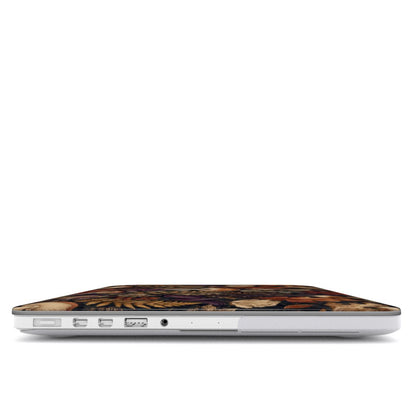 Woodland Forage MacBook shell with mushrooms, ferns, pinecones and botanical foliage on a dark woodland background.