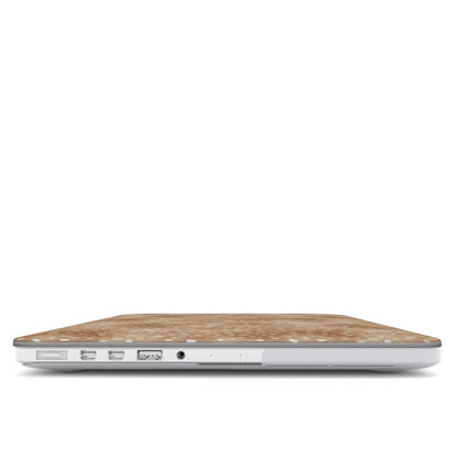 Fawn Fleck MacBook shell in warm beige with irregular tan speckles and a soft organic neutral pattern.