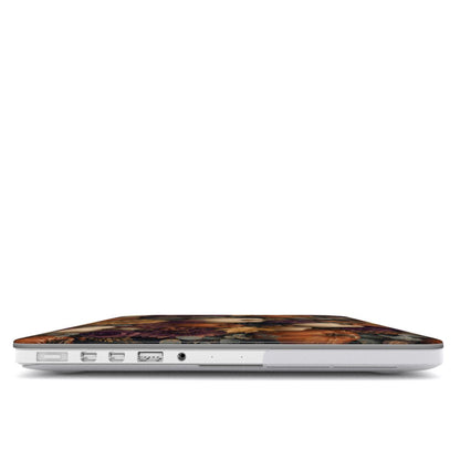 Autumn Garden MacBook shell with cream pumpkins, burgundy flowers and trailing foliage on a dark botanical background.