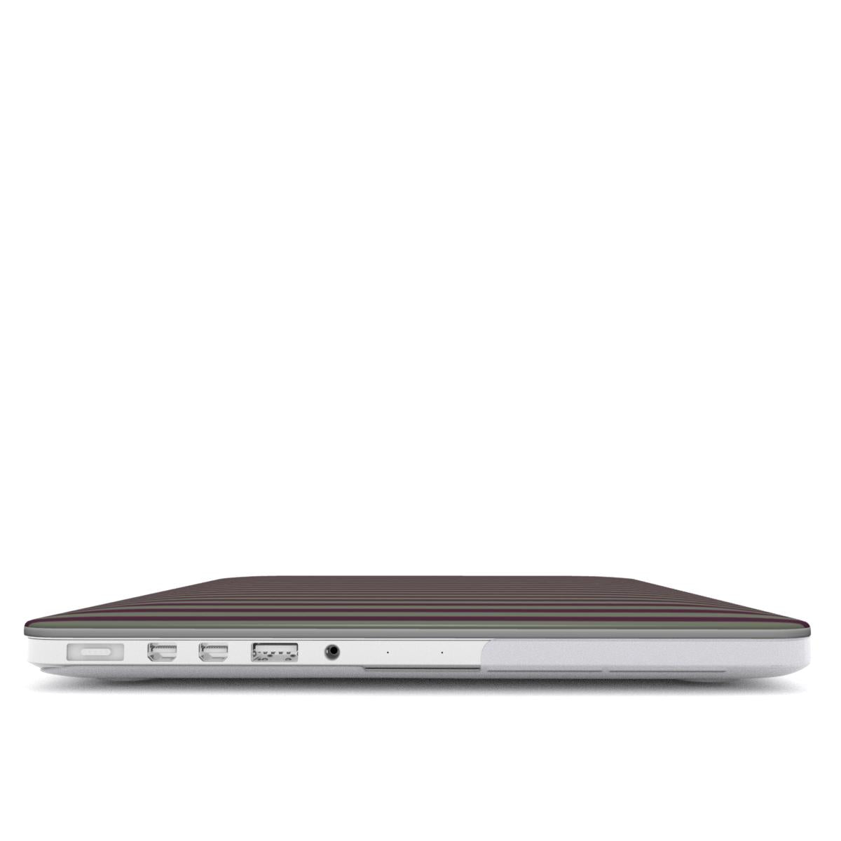 Mulberry Ticking MacBook shell with muted plum and sage green stripes in a vintage-inspired heritage pattern.