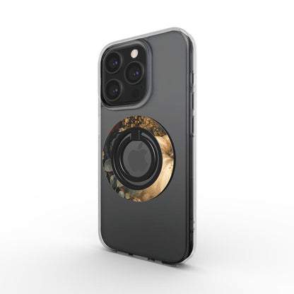 Autumn Garden Magnetic Ring Holder with cream pumpkins, burgundy flowers and trailing foliage on a dark botanical background.