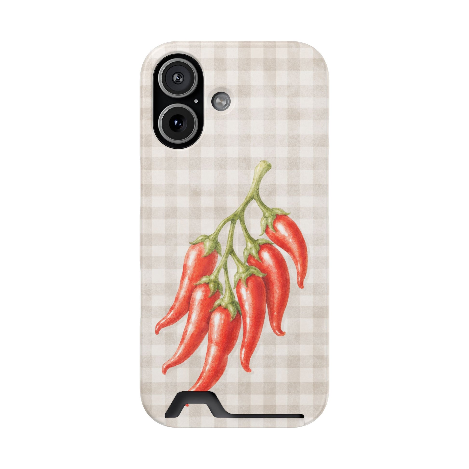 card phone case, card slot case, one card case, slim phone case, chilli phone case, chilli pepper case, red pepper case, watercolour case, botanical chilli, gingham chilli, spicy phone case, scarlet spice, cream gingham
