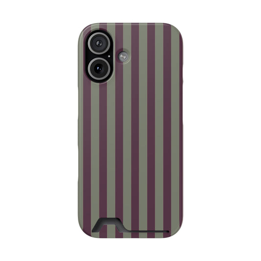 Mulberry Ticking Card-Holder phone case with fine sage green and berry-plum vertical ticking stripes.
