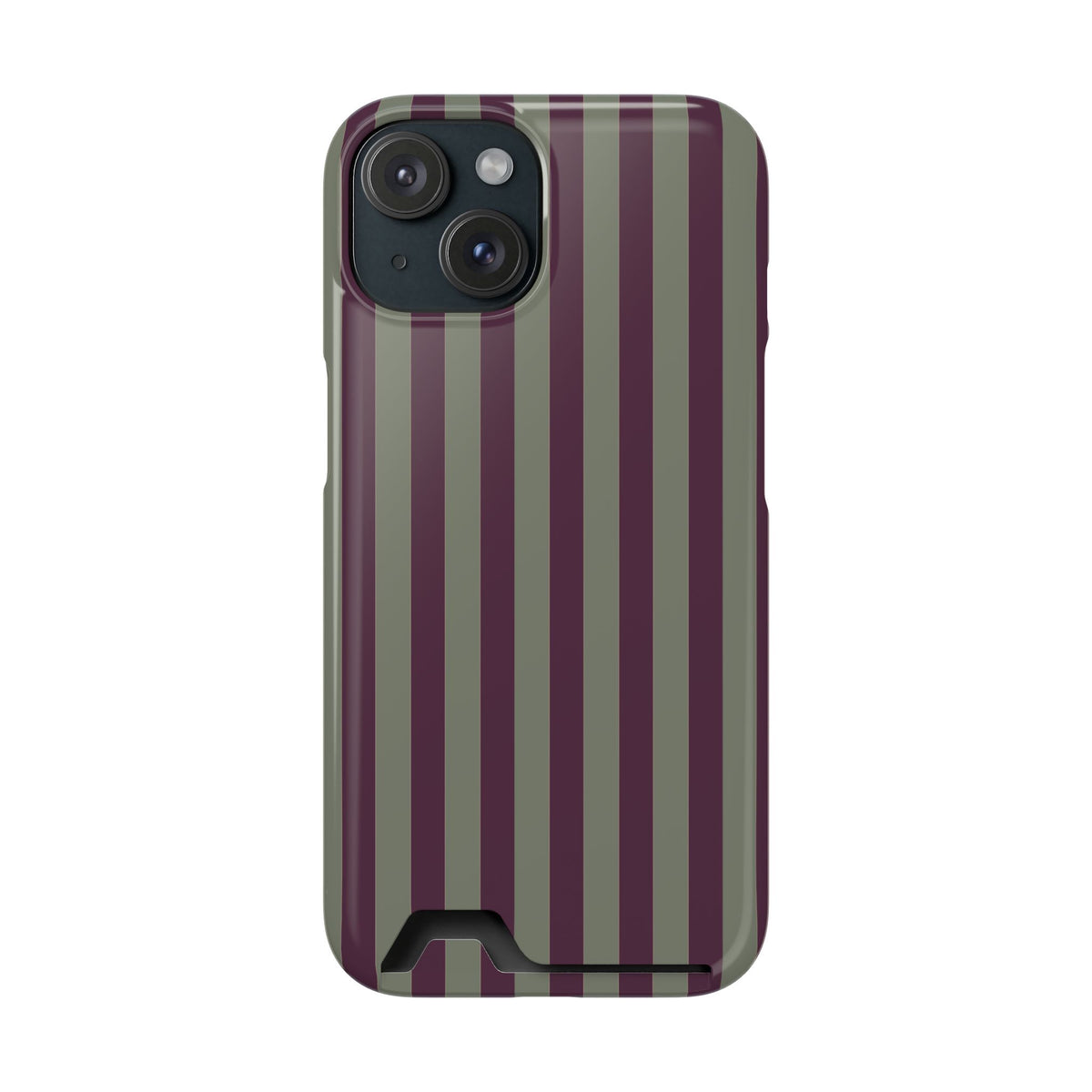 Mulberry Ticking Card-Holder phone case with fine sage green and berry-plum vertical ticking stripes.