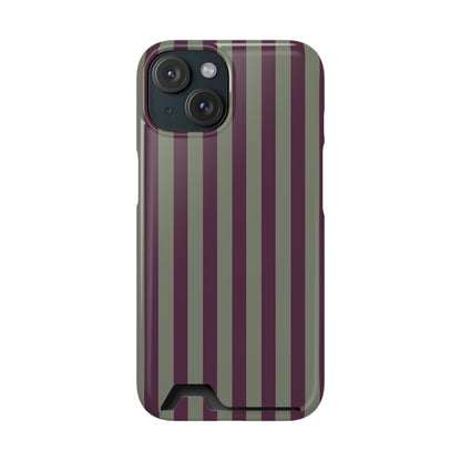 Mulberry Ticking Card-Holder phone case with fine sage green and berry-plum vertical ticking stripes.