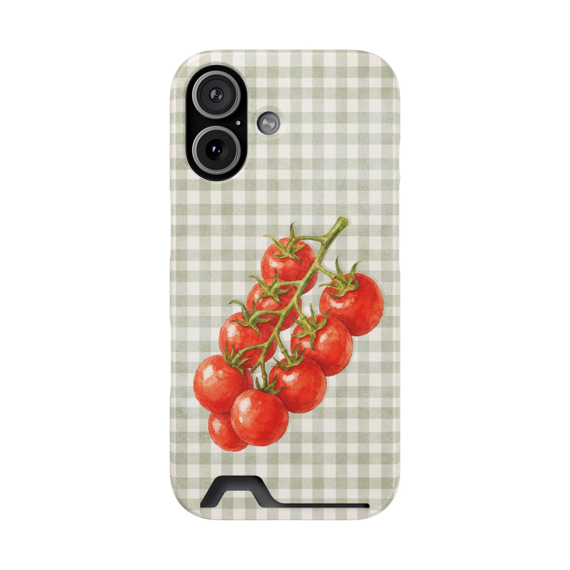 Garden Bounty Card Phone Case with watercolour red tomato vine on soft sage gingham
