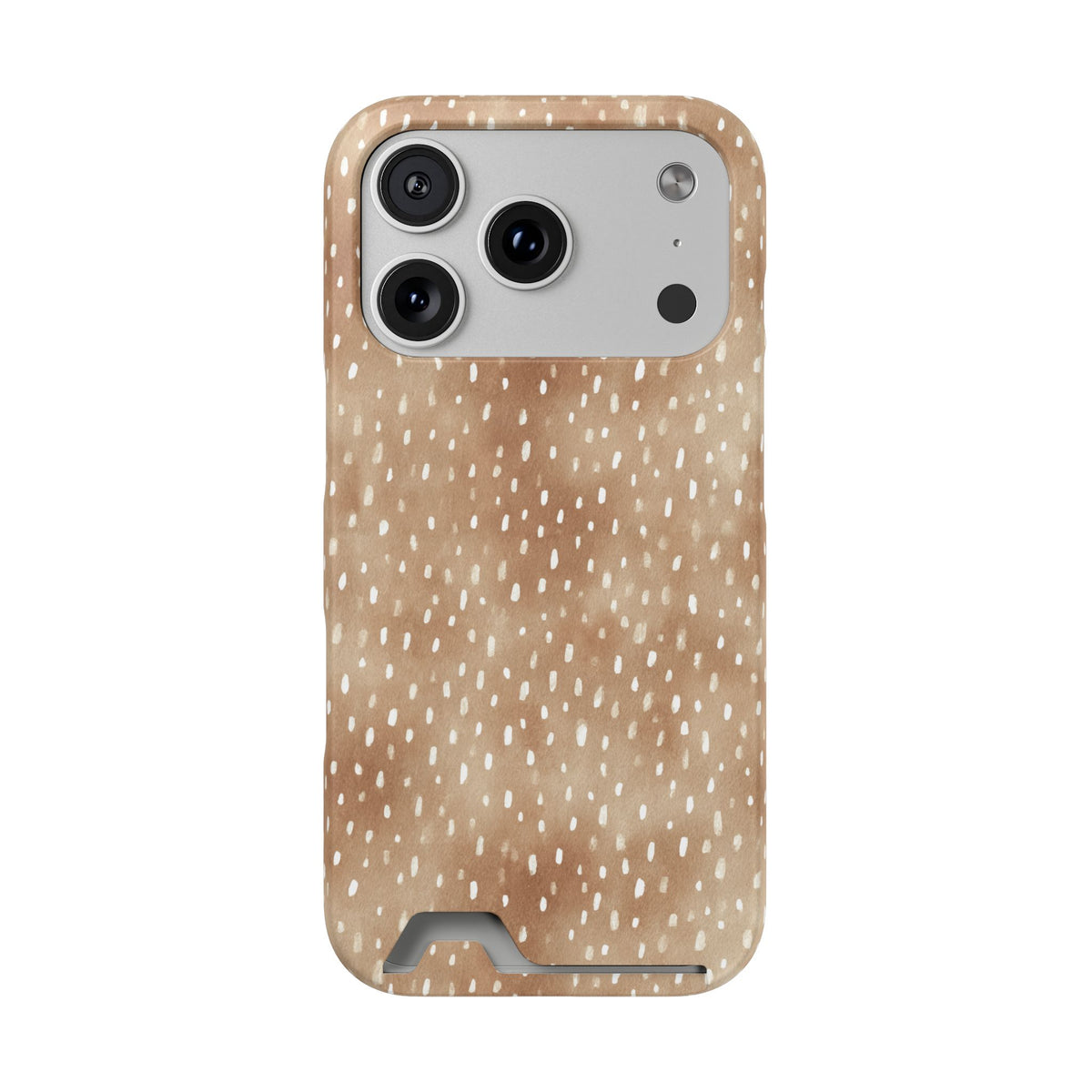 Fawn Fleck Card-Holder phone case in warm beige with irregular tan speckles and organic abstract marks.