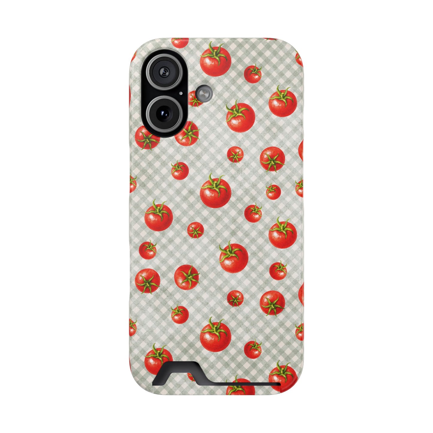 Tomato Tumble Card Phone Case with scattered hand-painted red tomatoes on soft sage gingham
