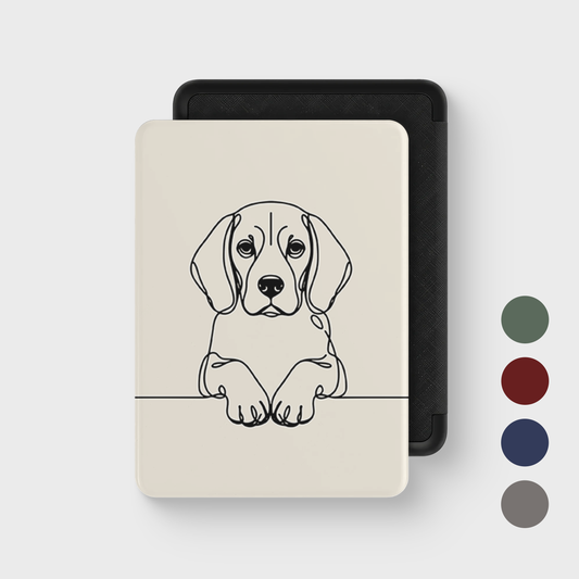 Beagle line art Kindle case in Cream — closed front cover with colour swatches.