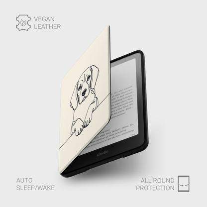 Beagle line art Kindle case in Cream — partly open cover showing the Kindle screen.